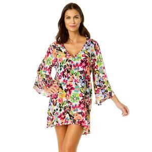 Anne Cole Women Floral Rayon Flounce V-Neck Tunic Swimwear Cover-Up Size XS